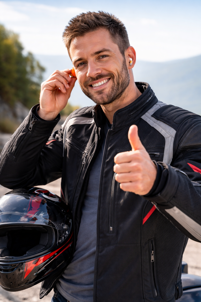 Motorist uporablja zaščito sluha - motoristični čepki za ušesa